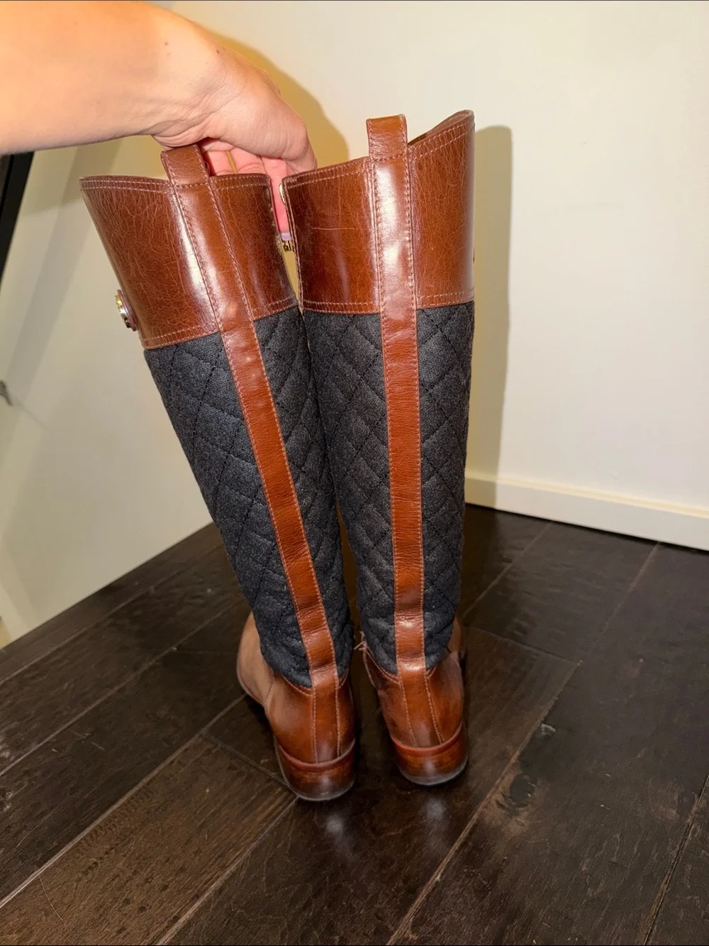 Tory Burch Brown Leather and Black Quilted Over-the-Knee Boots